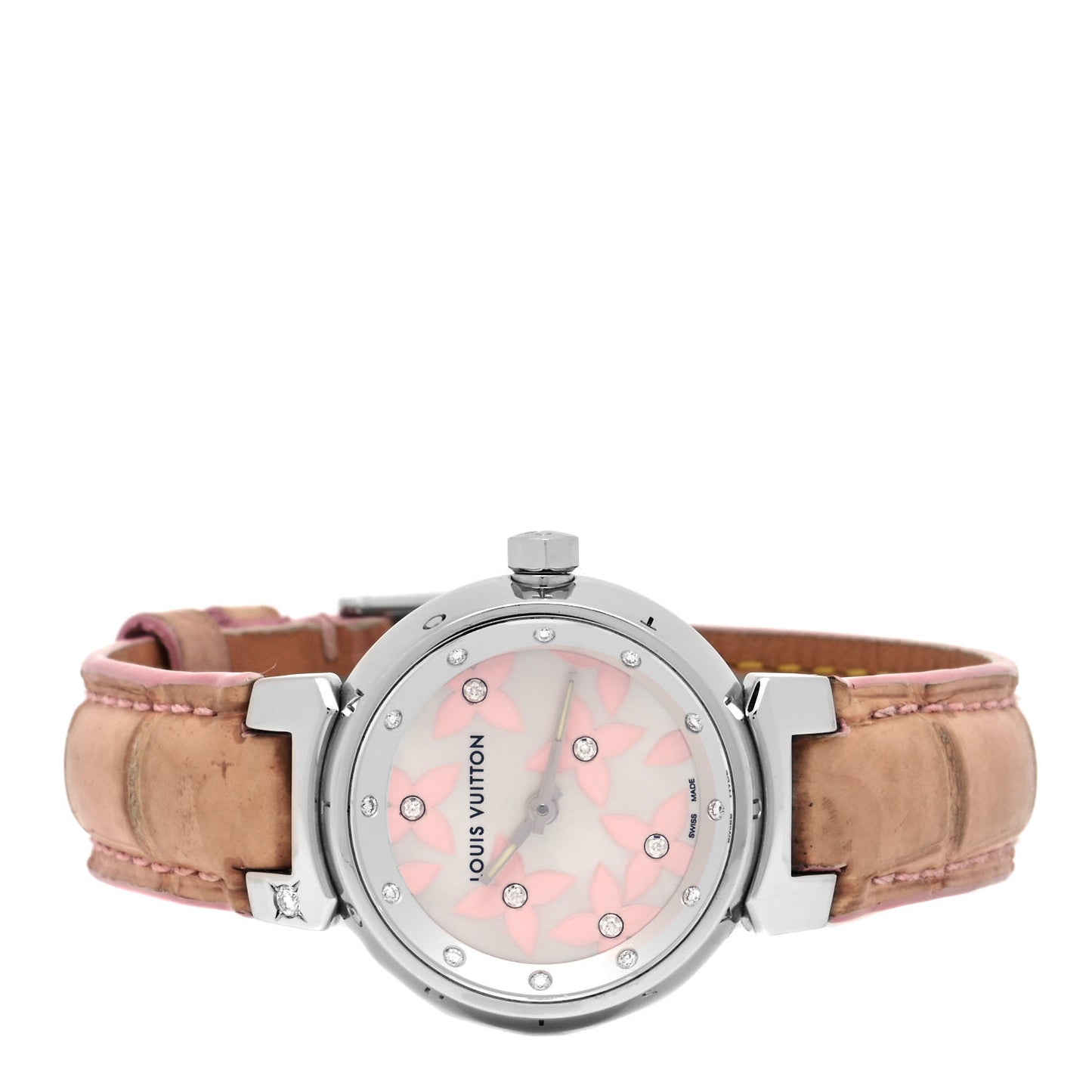 Stainless Steel Alligator Diamond Mother of Pearl 28mm Tambour Lovely Quartz Watch