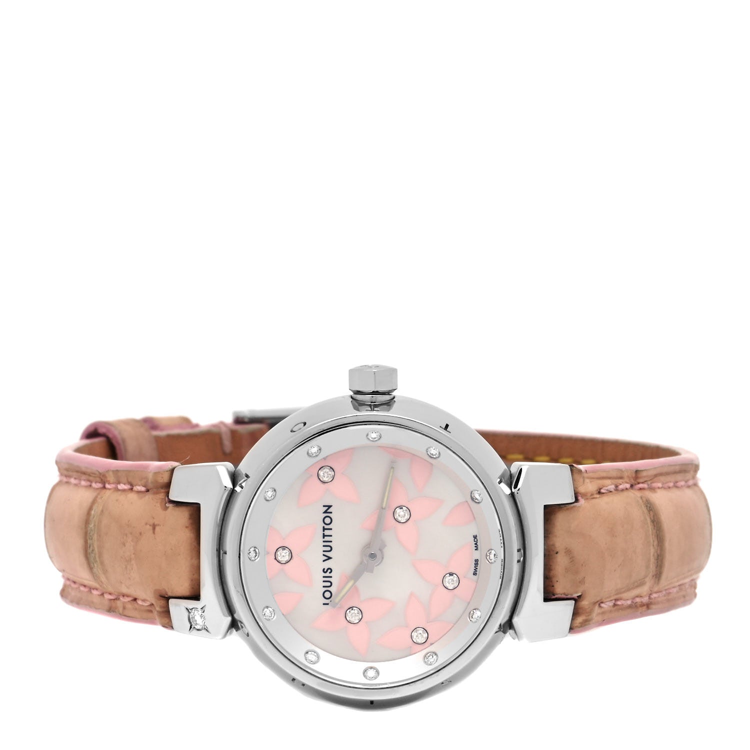 Louis Vuitton Stainless Steel Alligator Diamond Mother of Pearl 28mm Tambour Lovely Quartz Watch 2 of 4