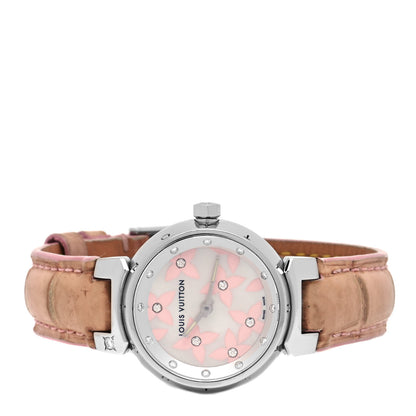 Louis Vuitton Stainless Steel Alligator Diamond Mother of Pearl 28mm Tambour Lovely Quartz Watch 2 of 4