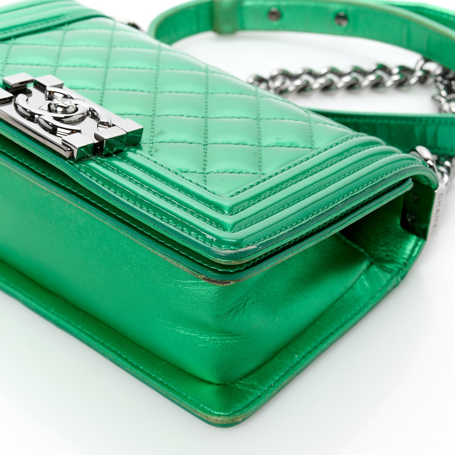 Chanel Metallic Patent Calfskin Quilted Small Boy Flap Green 14 of 15