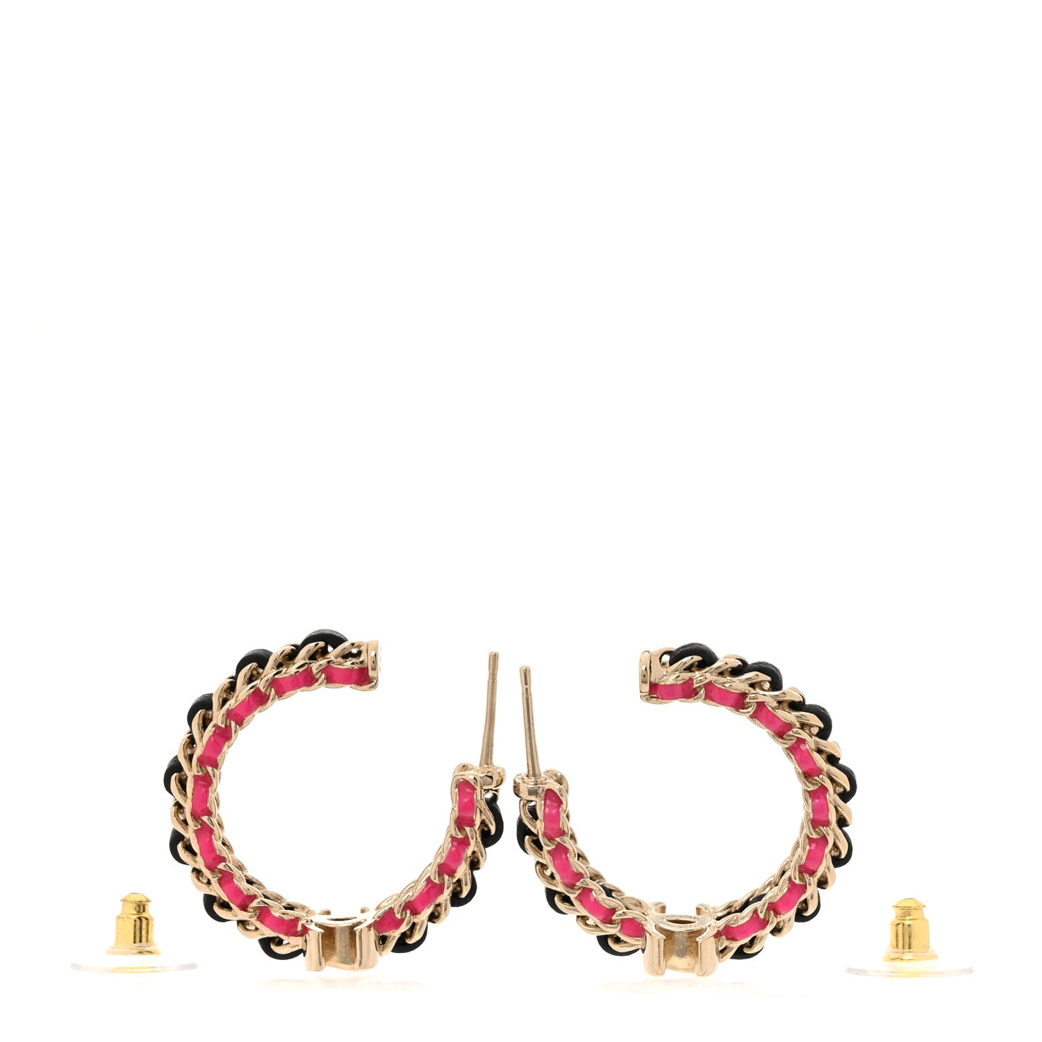 Chanel Lambskin Enamel CC Chain Hoop Earrings Gold Black Pink 3 of 5