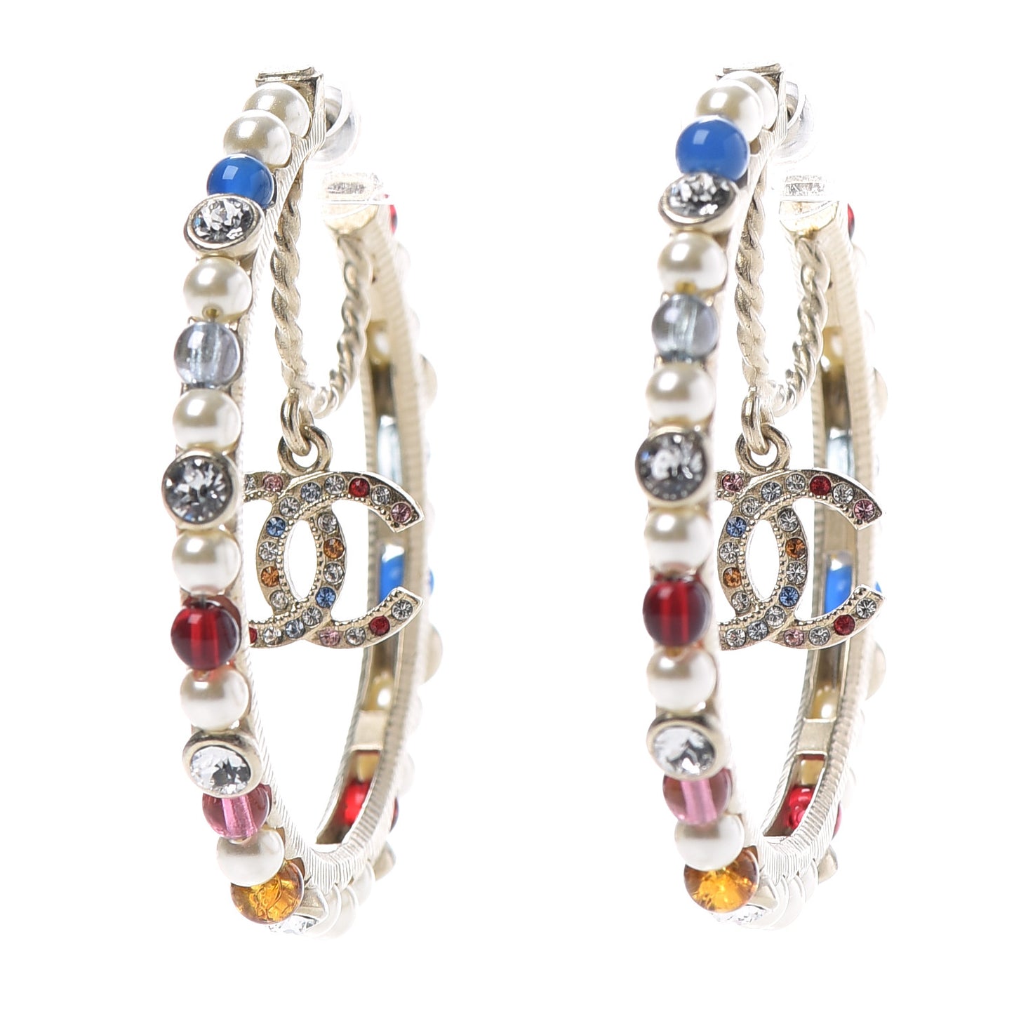 Crystal Pearl Bead CC Drop Hoop Earrings Gold Multicolor