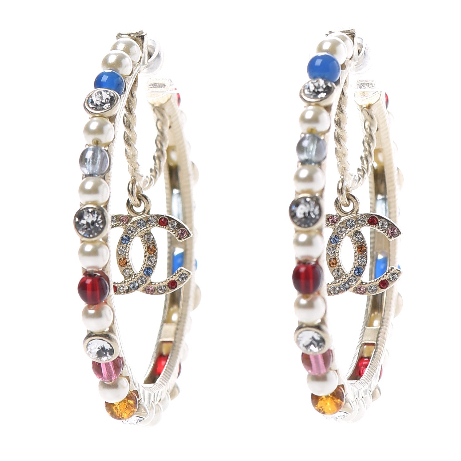 Chanel Crystal Pearl Bead CC Drop Hoop Earrings Gold Multicolor 1 of 3
