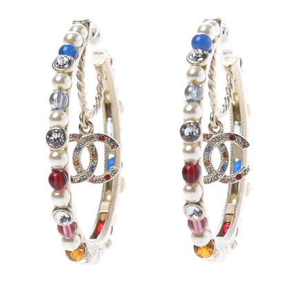 Chanel Crystal Pearl Bead CC Drop Hoop Earrings Gold Multicolor 1 of 3