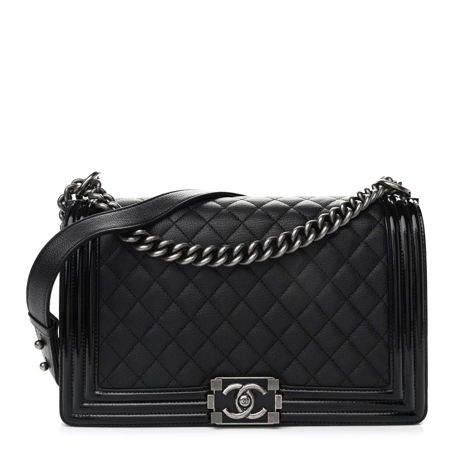 Chanel Goatskin Quilted Patent New Medium Duo Boy Flap Black