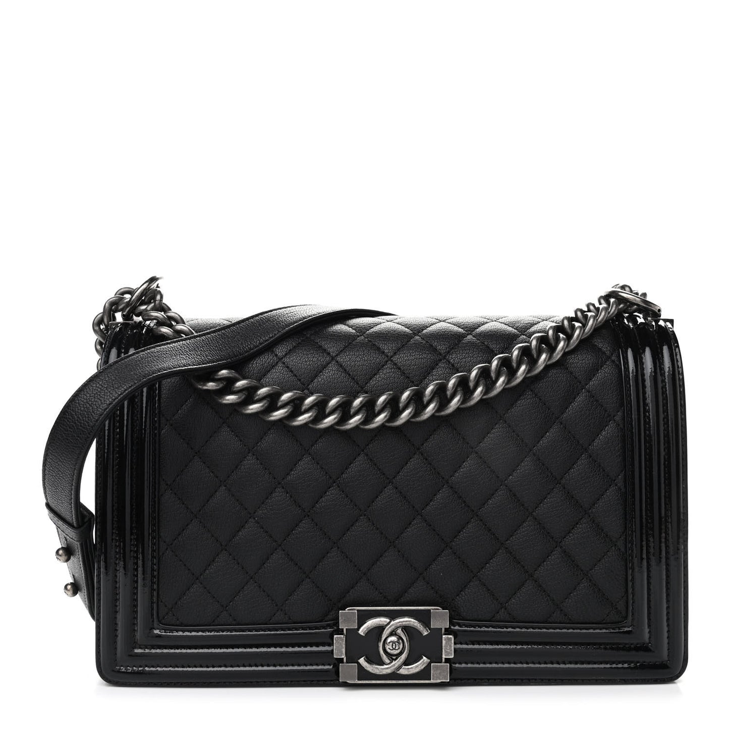 Goatskin Quilted Patent New Medium Duo Boy Flap Black