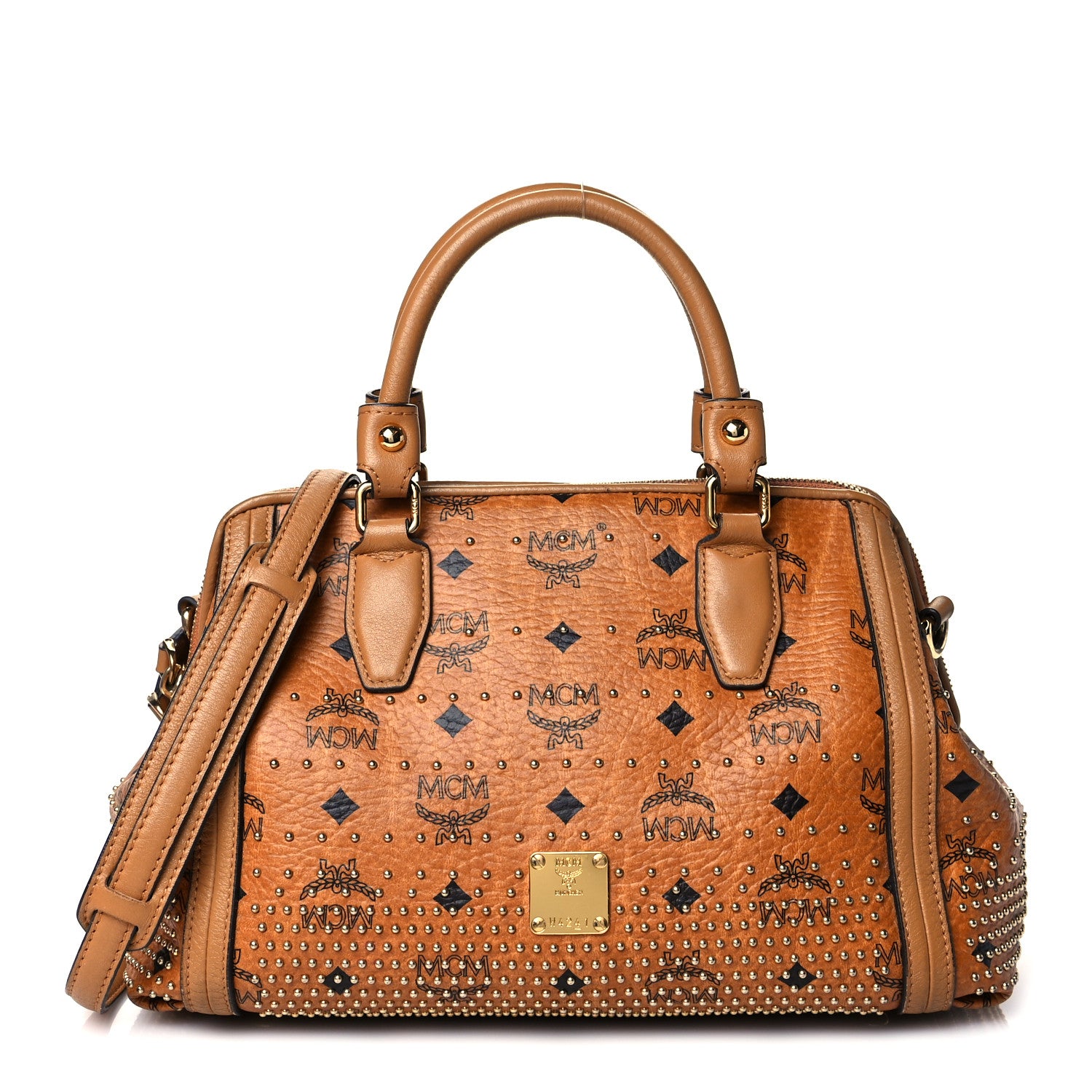 MCM Visetos Studded Boston Satchel Cognac 1 of 10
