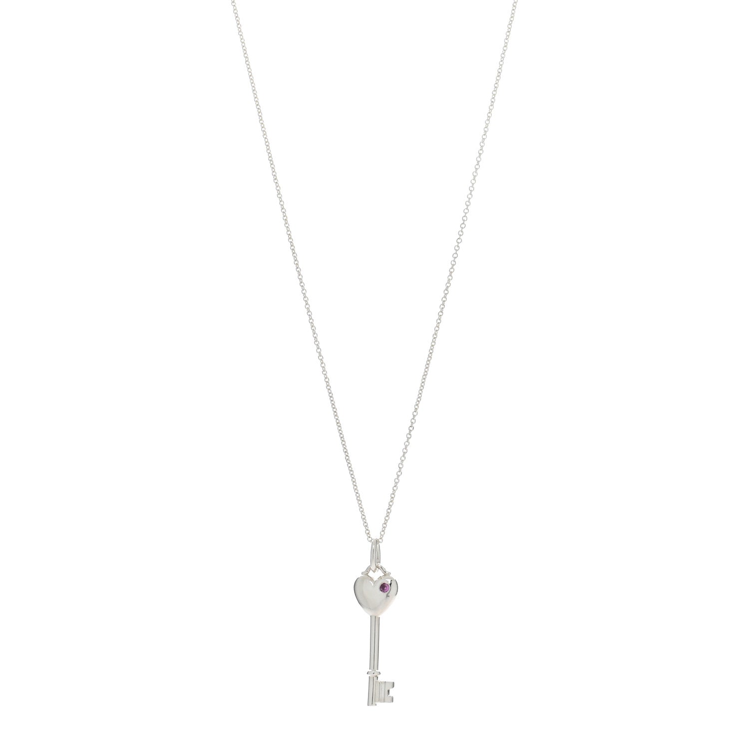 Tiffany Sterling Silver Pink Sapphire Heart Key Pendant Necklace 1 of 5