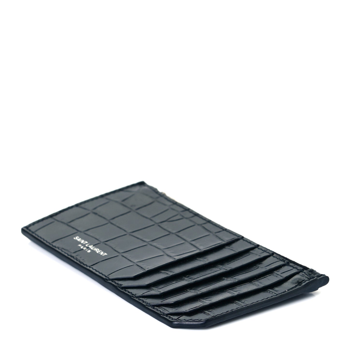Calfskin Crocodile Embossed 5 Fragments Zip Pouch Card Holder Black