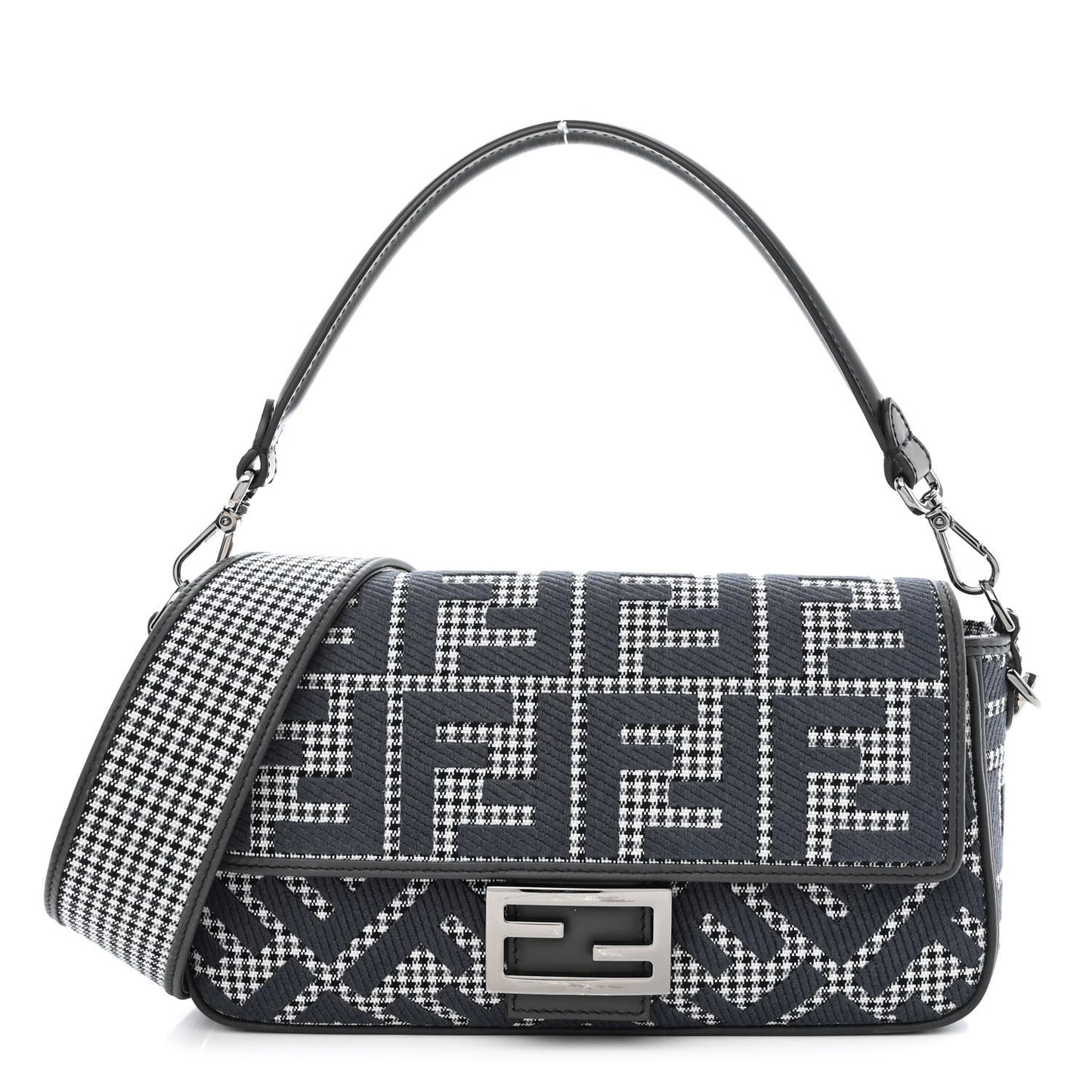 Wool Vitello King Houndstooth FF Embroidered Baguette Grigio Anthracite