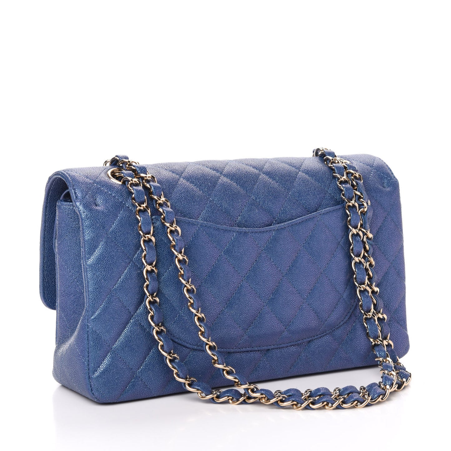 Iridescent Caviar Quilted Medium Double Flap Dark Blue