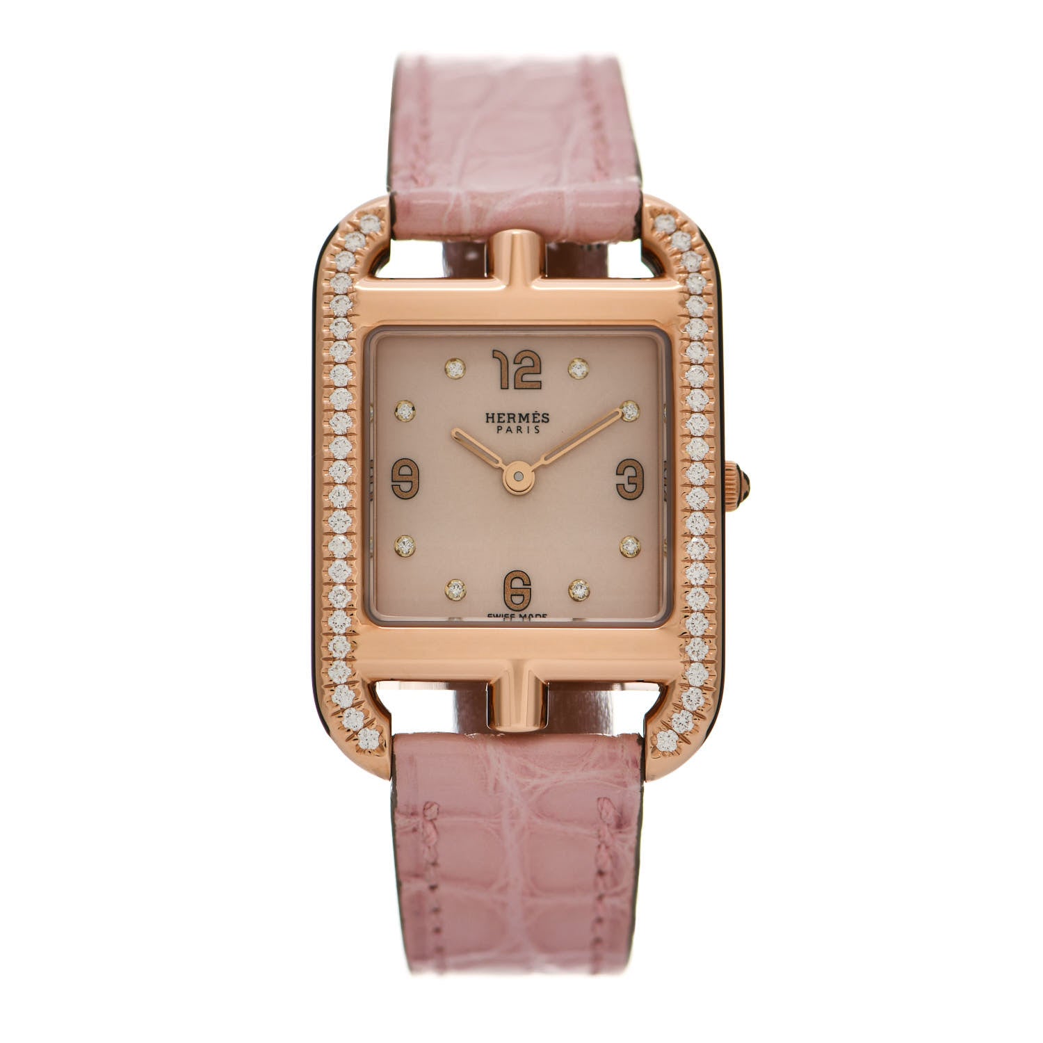 Hermes 18K Rose Gold Alligator Diamond Bezel Mother of Pearl 23mm Cape Cod Quartz Watch Rose Pale 1 of 5