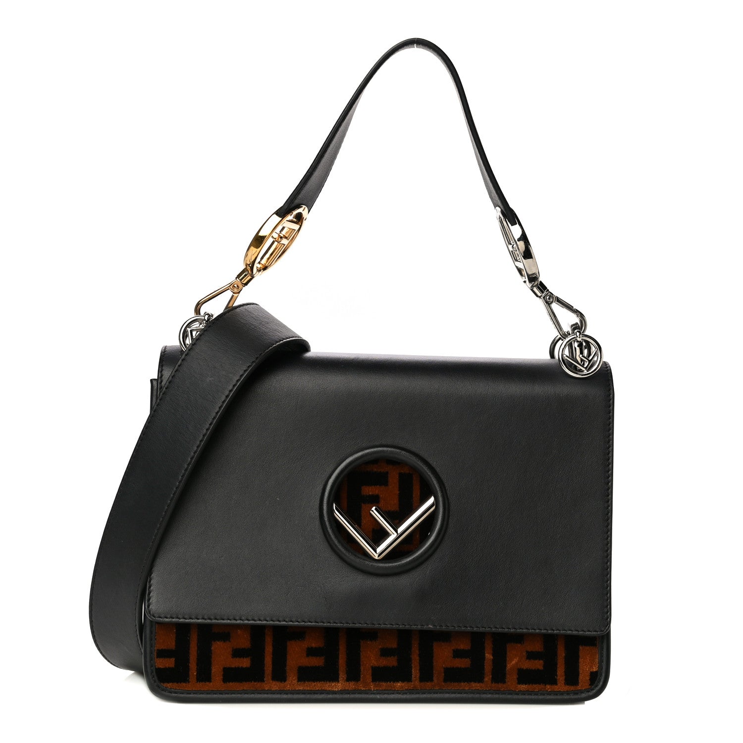 Fendi Vitello Century Velvet F is Fendi FF Kan I Shoulder Bag Black Tobacco 1 of 16