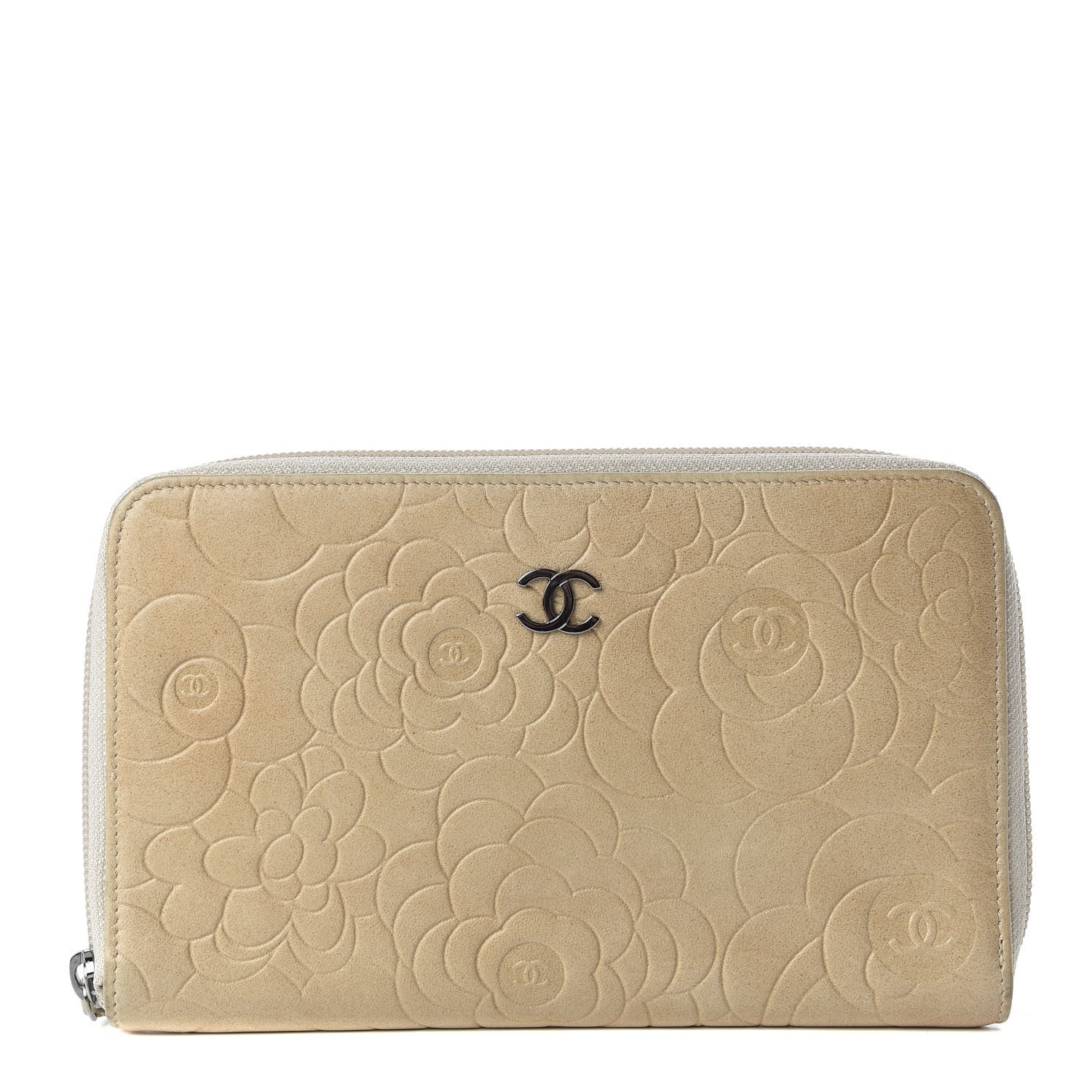 Chanel Lambskin Camellia Embossed Zip Around Organizer Wallet Light Beige 1 of 7