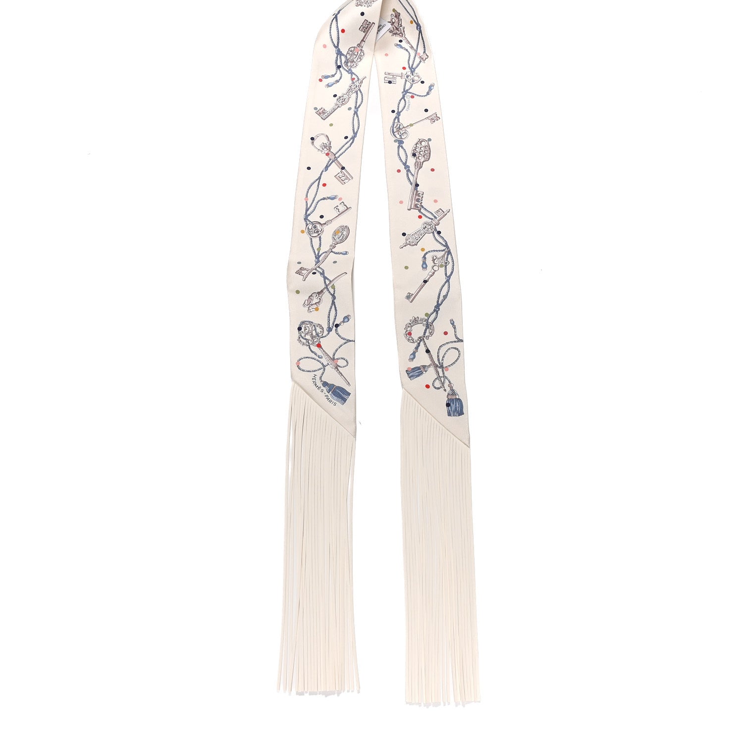 Hermes Silk Calfskin Les Cles A Pois Fringed Twilly Creme Gris Perle Multicolor 2 of 4