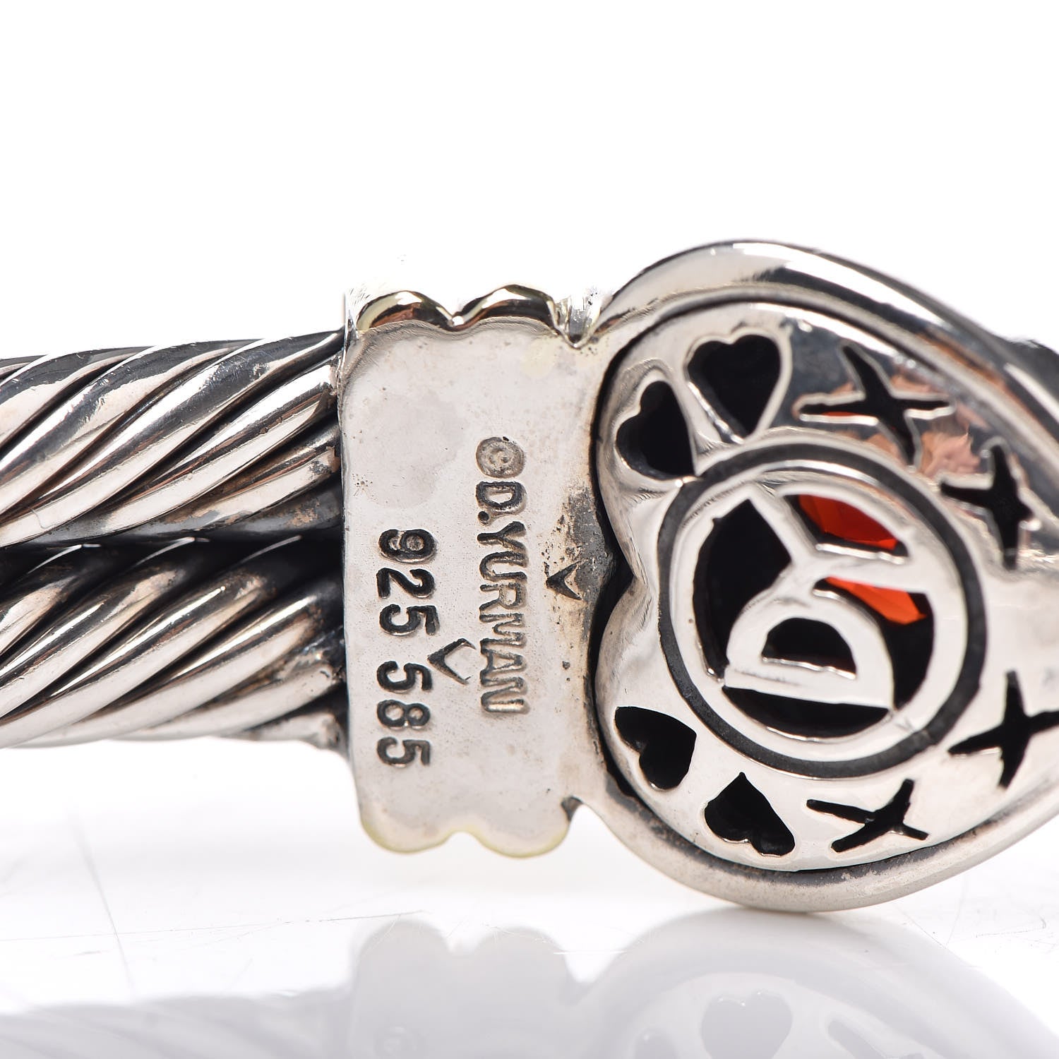 David Yurman Sterling Silver 14K Yellow Gold Garnet Heart Double Cable Cuff Bracelet 10 of 11