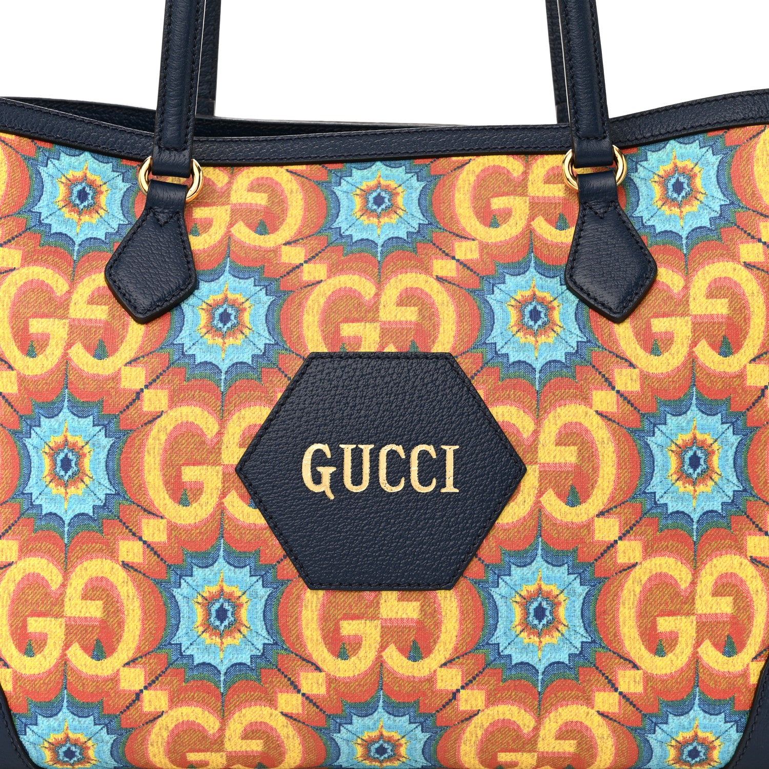 Gucci GG Supreme Kaleidoscope Calfskin Script Logo Gucci 100 Tote Bag Beige Green Blue 8 of 11
