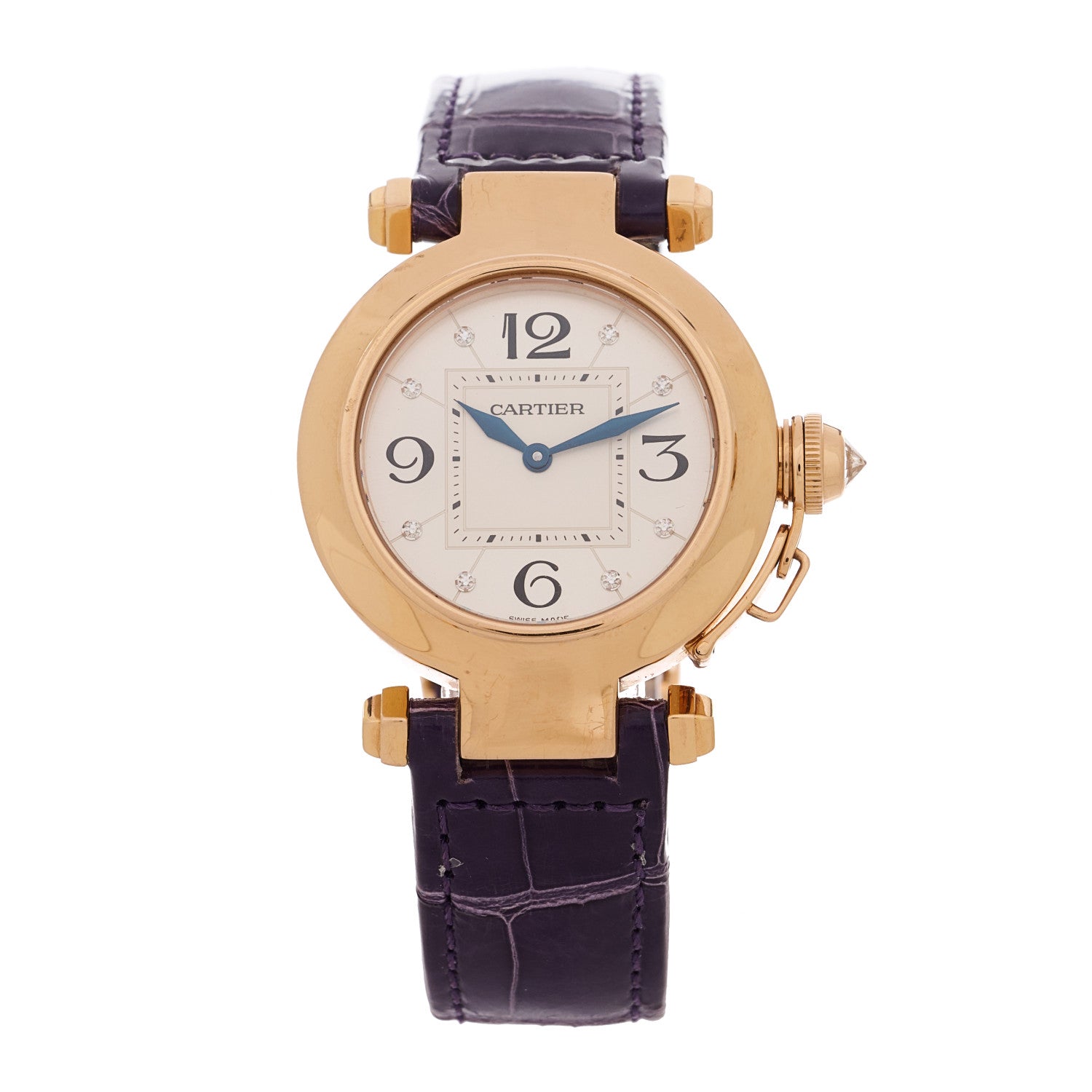 Cartier 18K Pink Gold Alligator Diamond 32mm Pasha C Quartz Watch Purple 2 of 10