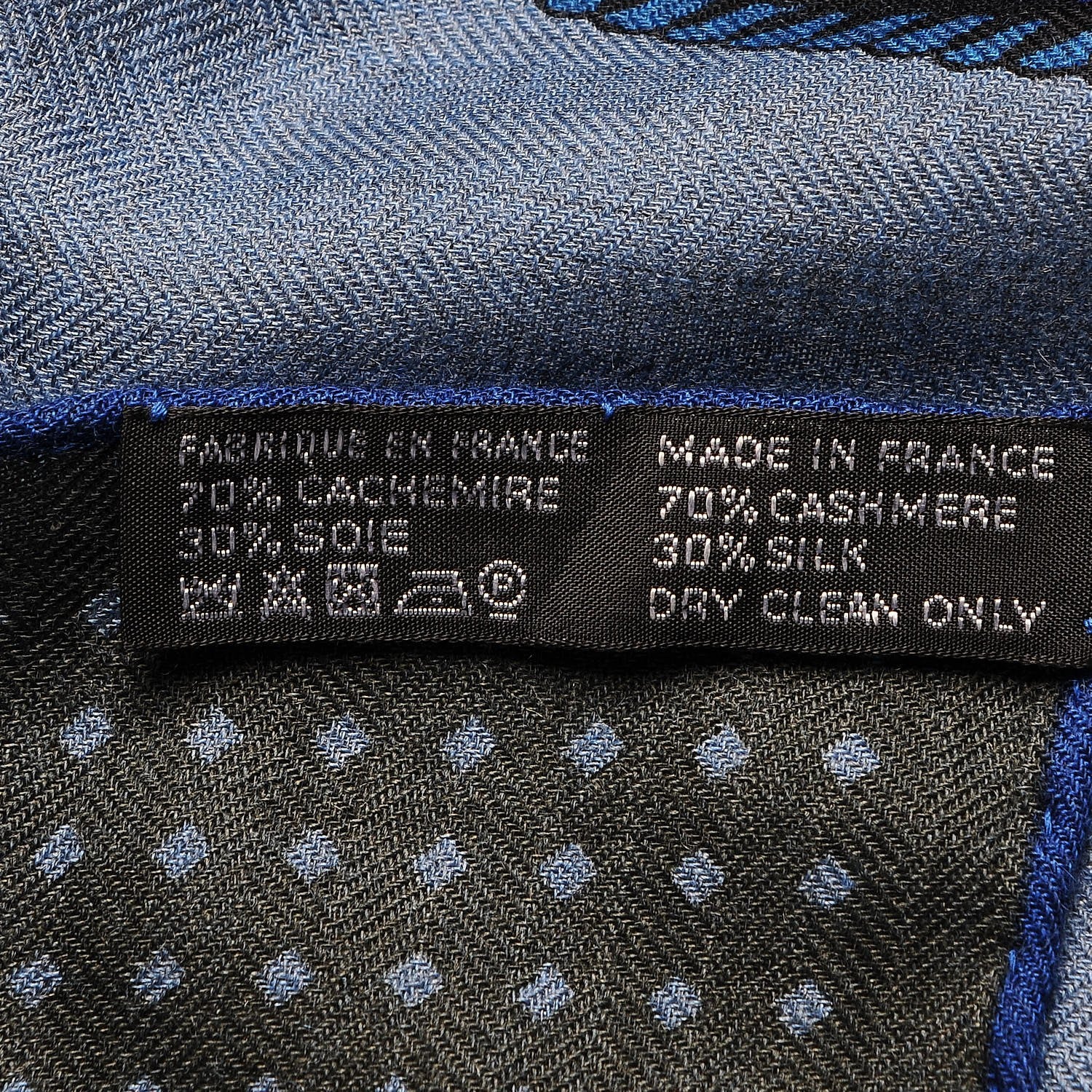 Hermes Cashmere Silk Les Voitures A Transformation Shawl 140 Bleu De Chine Kaki Marine 7 of 7