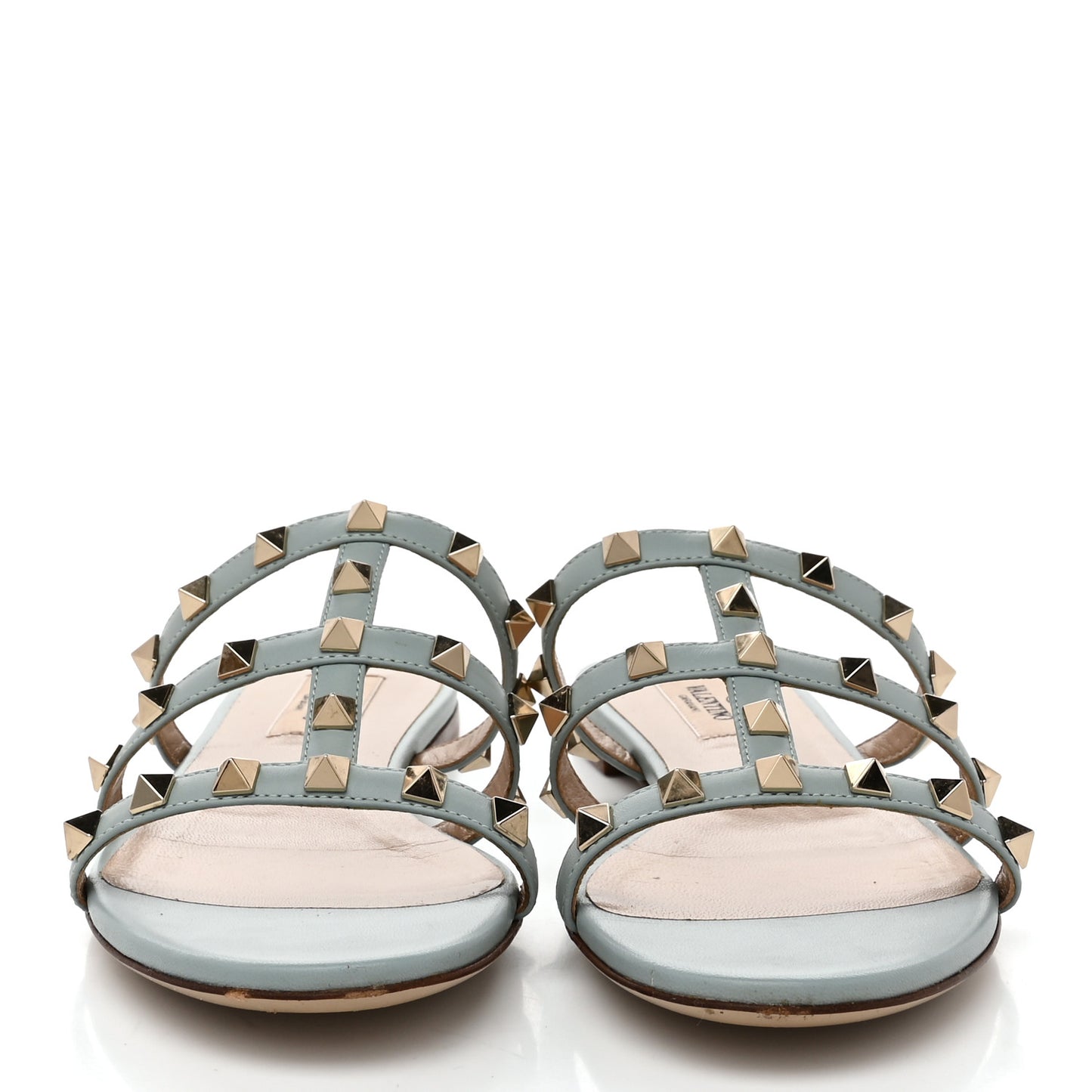 Nappa Rockstud Caged Flat Slide Sandals 36 Celadon