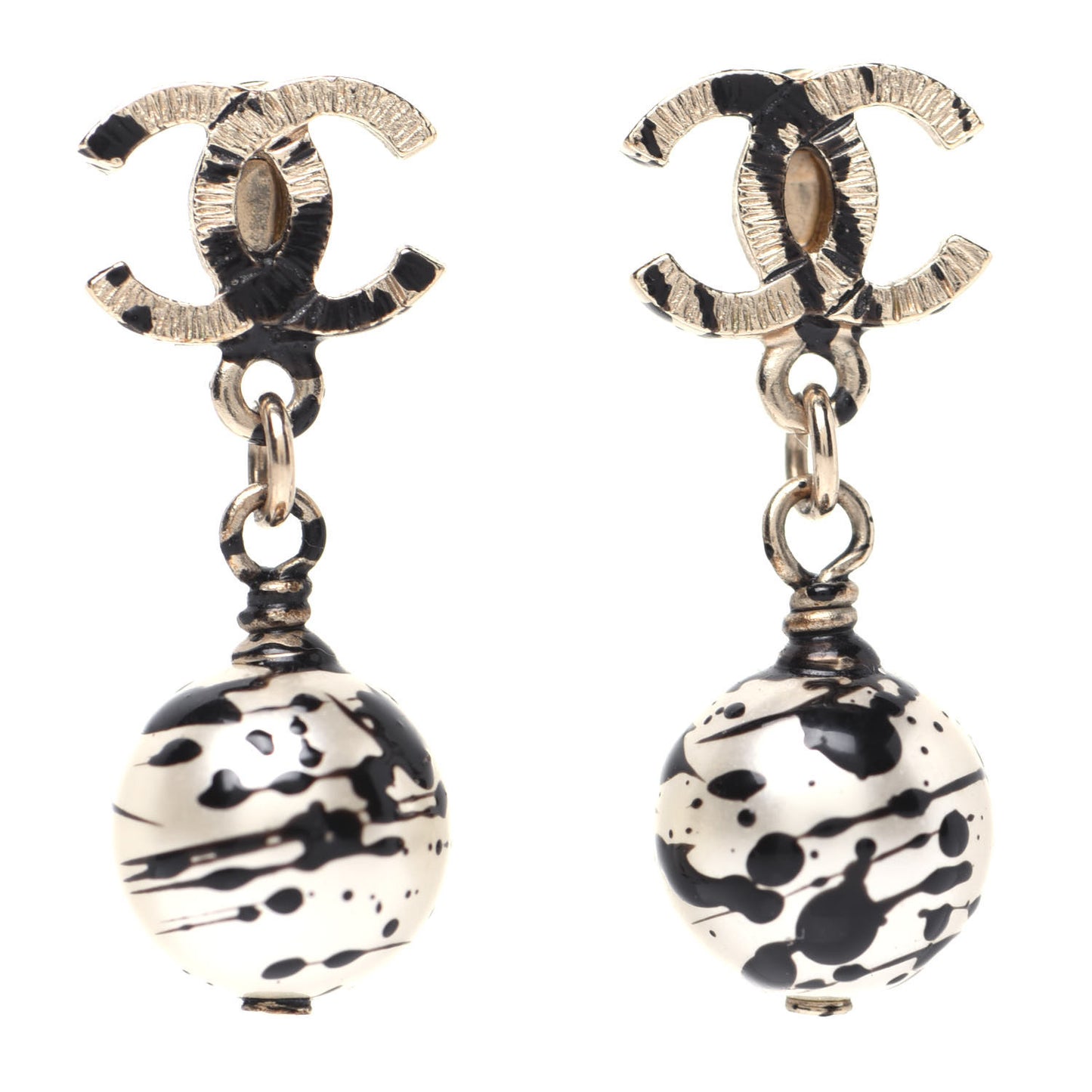 Pearl Bead CC Jackson Pollock Splattered Paint Drop Earrings Black Gold