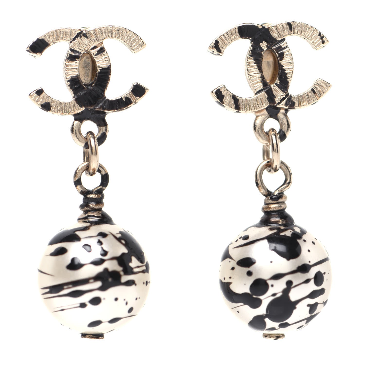 Chanel Pearl Bead CC Jackson Pollock Splattered Paint Drop Earrings Black Gold 2 of 9