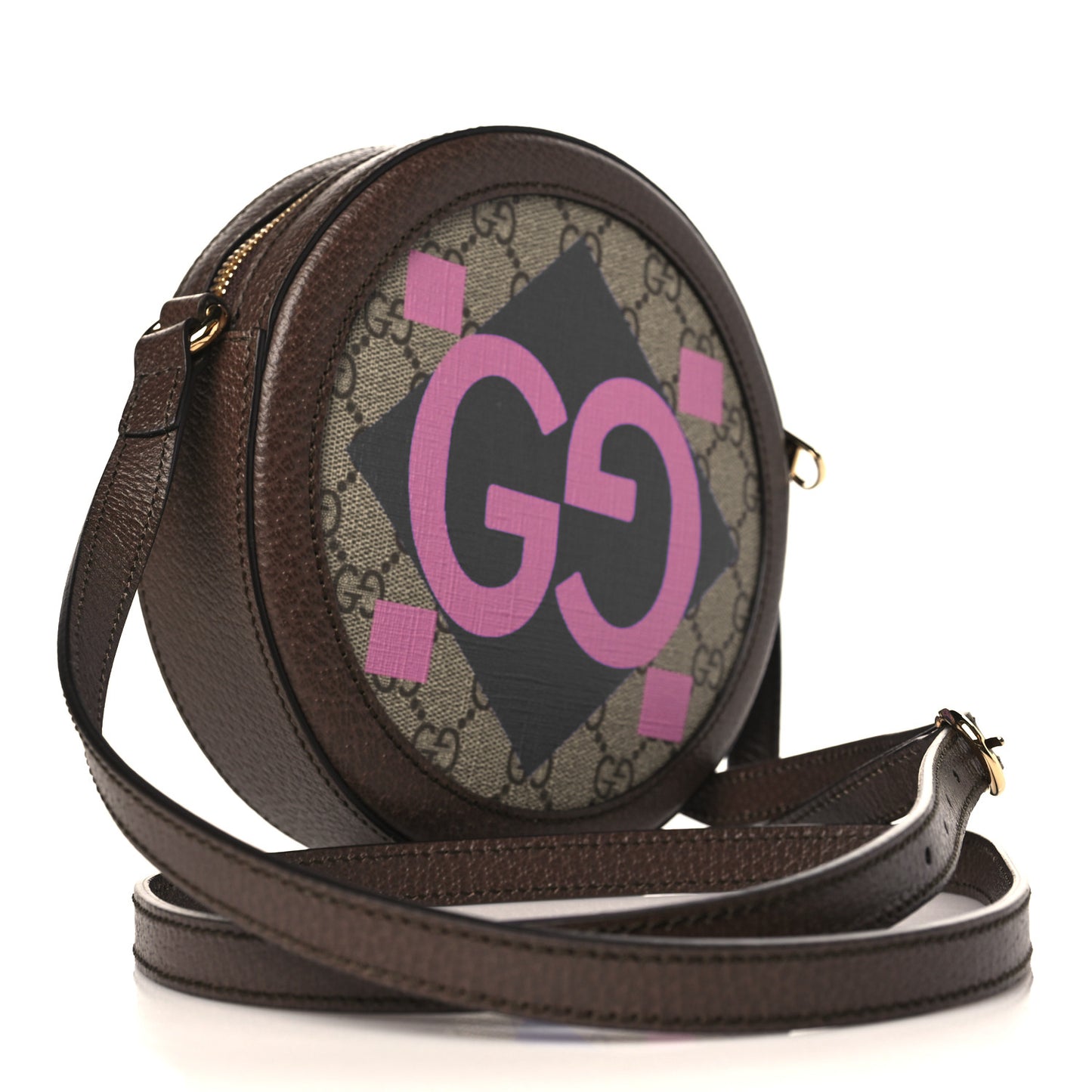 GG Supreme Monogram Equestrian Web Mini Ophidia Round Shoulder Bag Brown