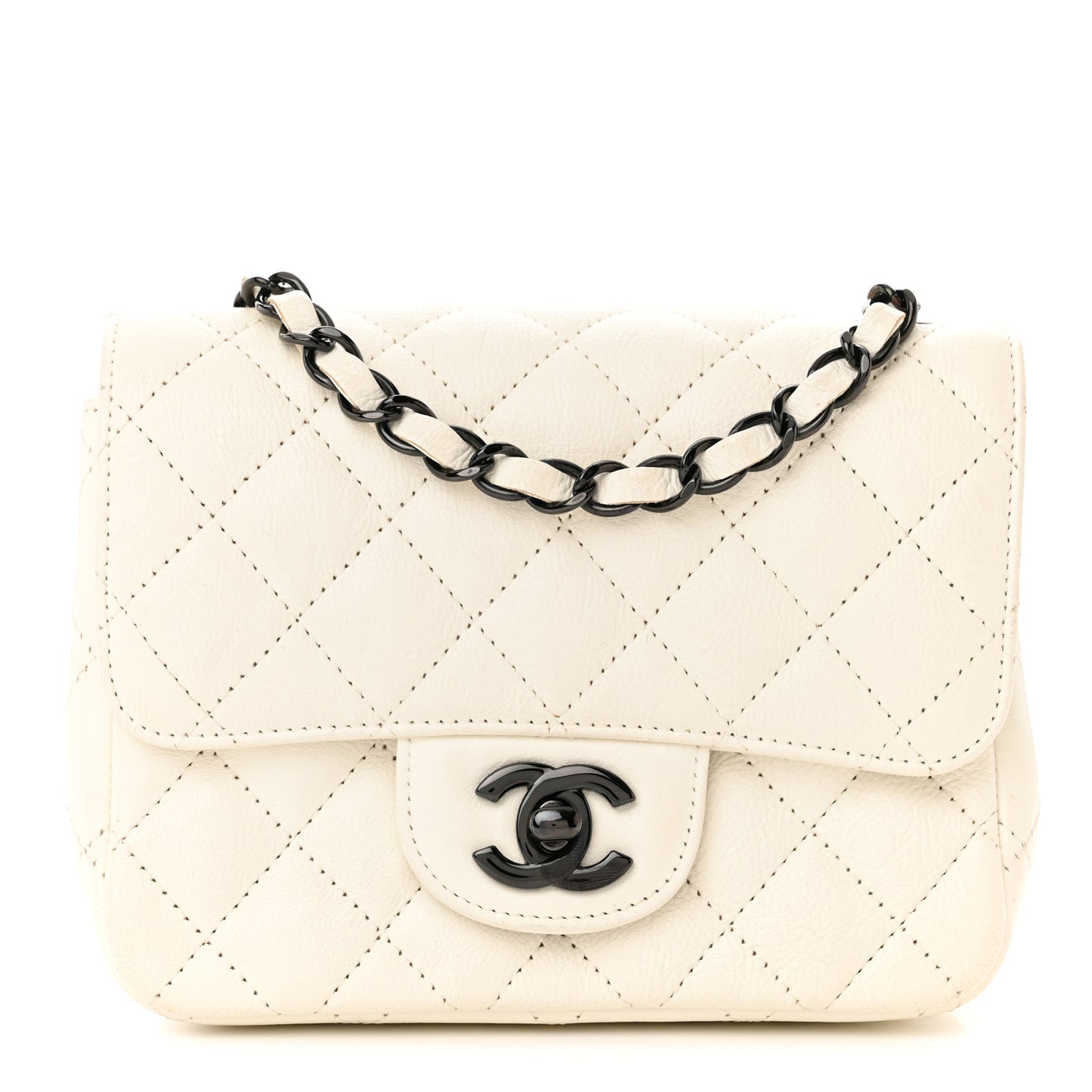 Crumpled Calfskin Quilted Mini Square Flap White