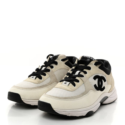 Chanel Mesh Suede Calfskin Grained Calfskin Womens CC Sneakers 39.5 White Black 3 of 8