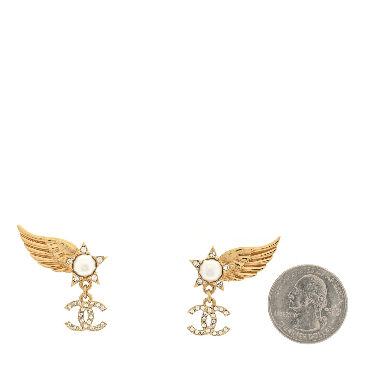 Crystal Pearl CC Wing Star Earrings Gold