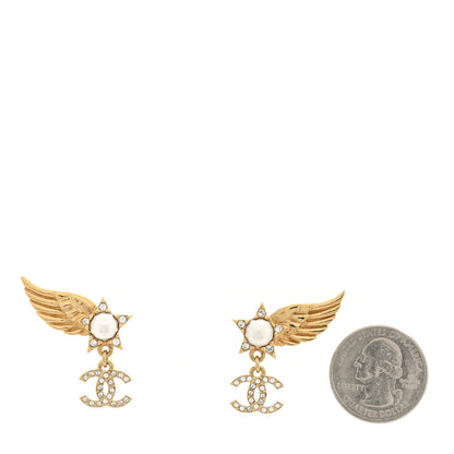 Chanel Crystal Pearl CC Wing Star Earrings Gold 2 of 4