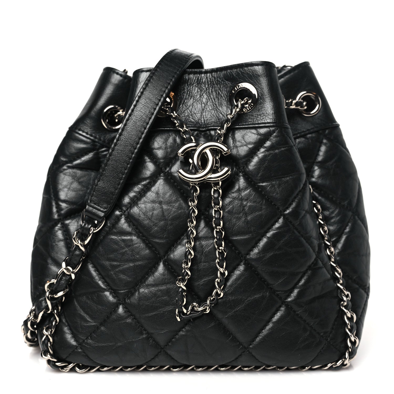 Chanel Crumpled Calfskin Quilted Chain All Over Drawstring Bucket Bag Black 1 of 10