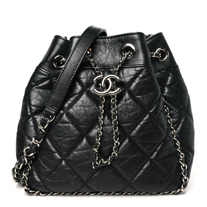 Chanel Crumpled Calfskin Quilted Chain All Over Drawstring Bucket Bag Black 1 of 10