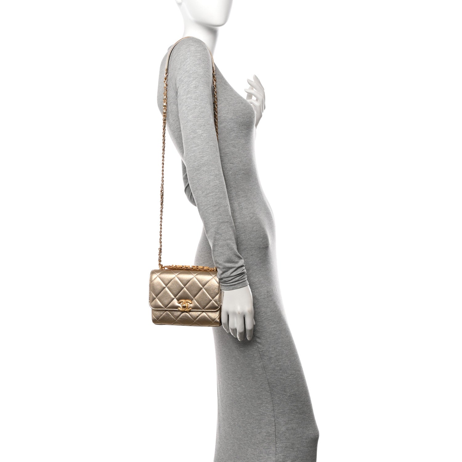 Chanel Metallic Lambskin Quilted Mini CC Crystal Logo Chain Flap Gold 2 of 11