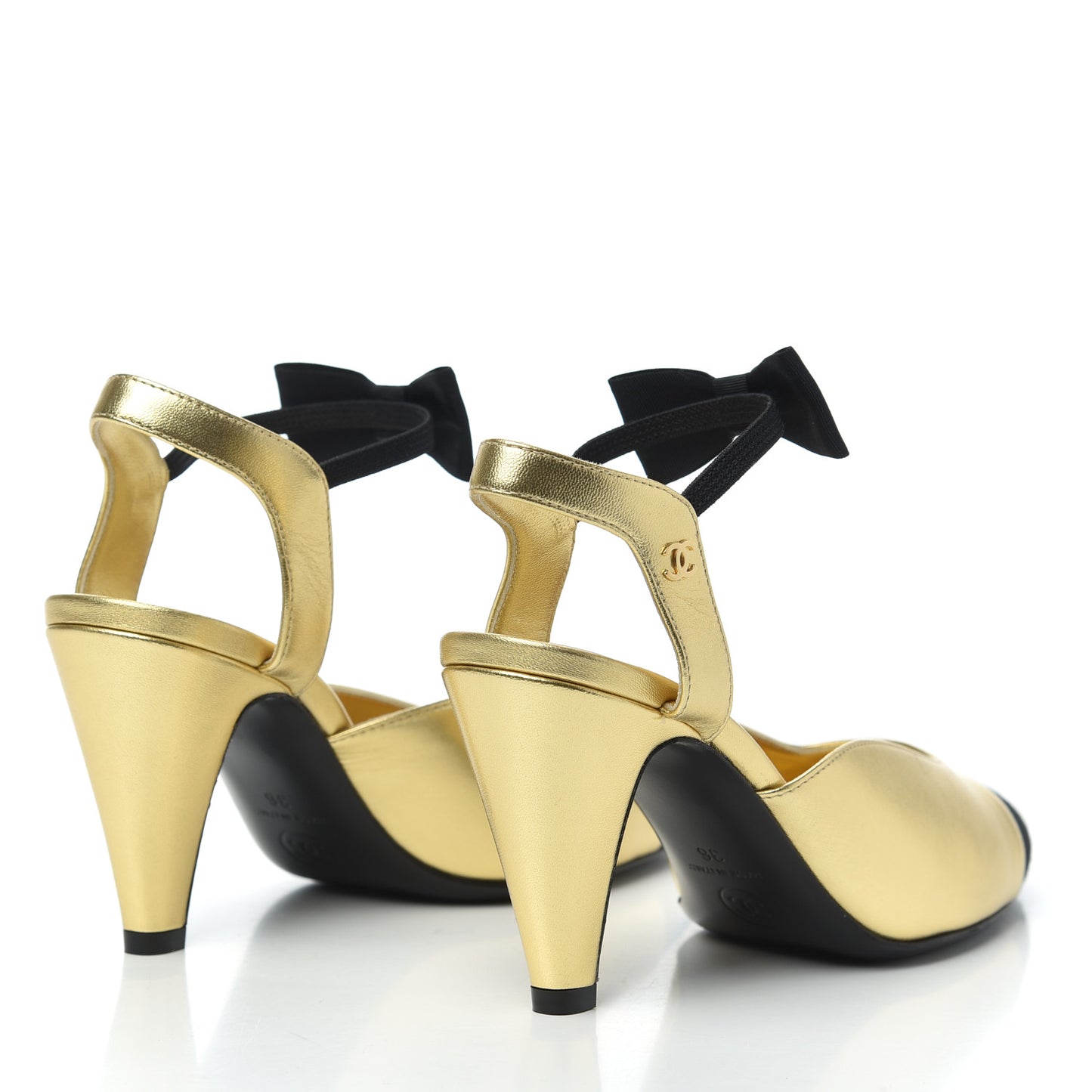 Laminated Lambskin Grosgrain Cap Toe CC Pumps 36 Gold Black