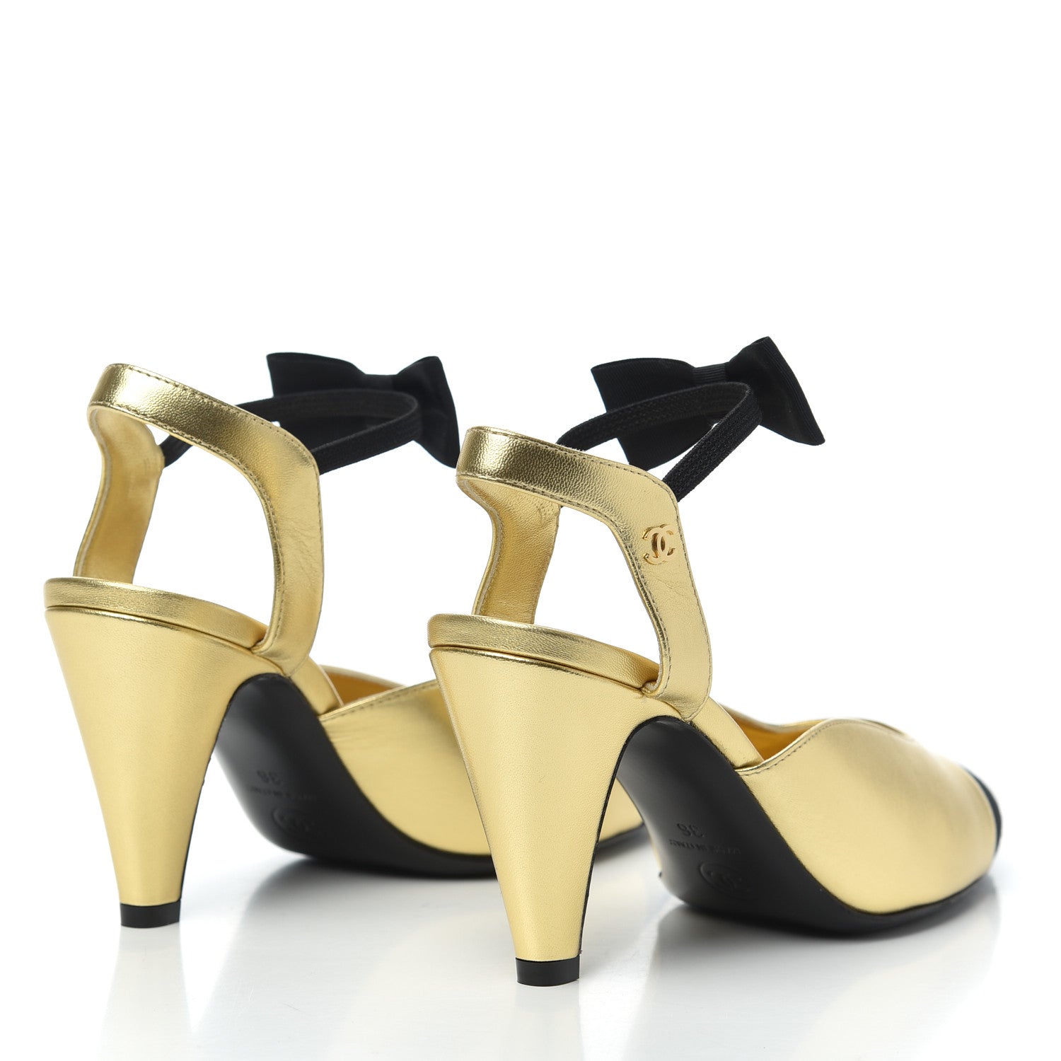 Chanel Laminated Lambskin Grosgrain Cap Toe CC Pumps 36 Gold Black 4 of 9