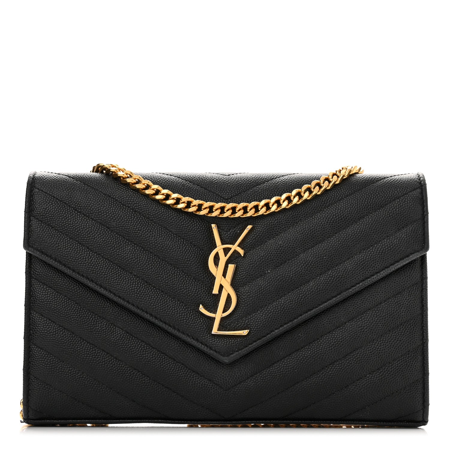 Saint Laurent Grain De Poudre Matelasse Chevron Monogram Chain Wallet Black 1 of 10