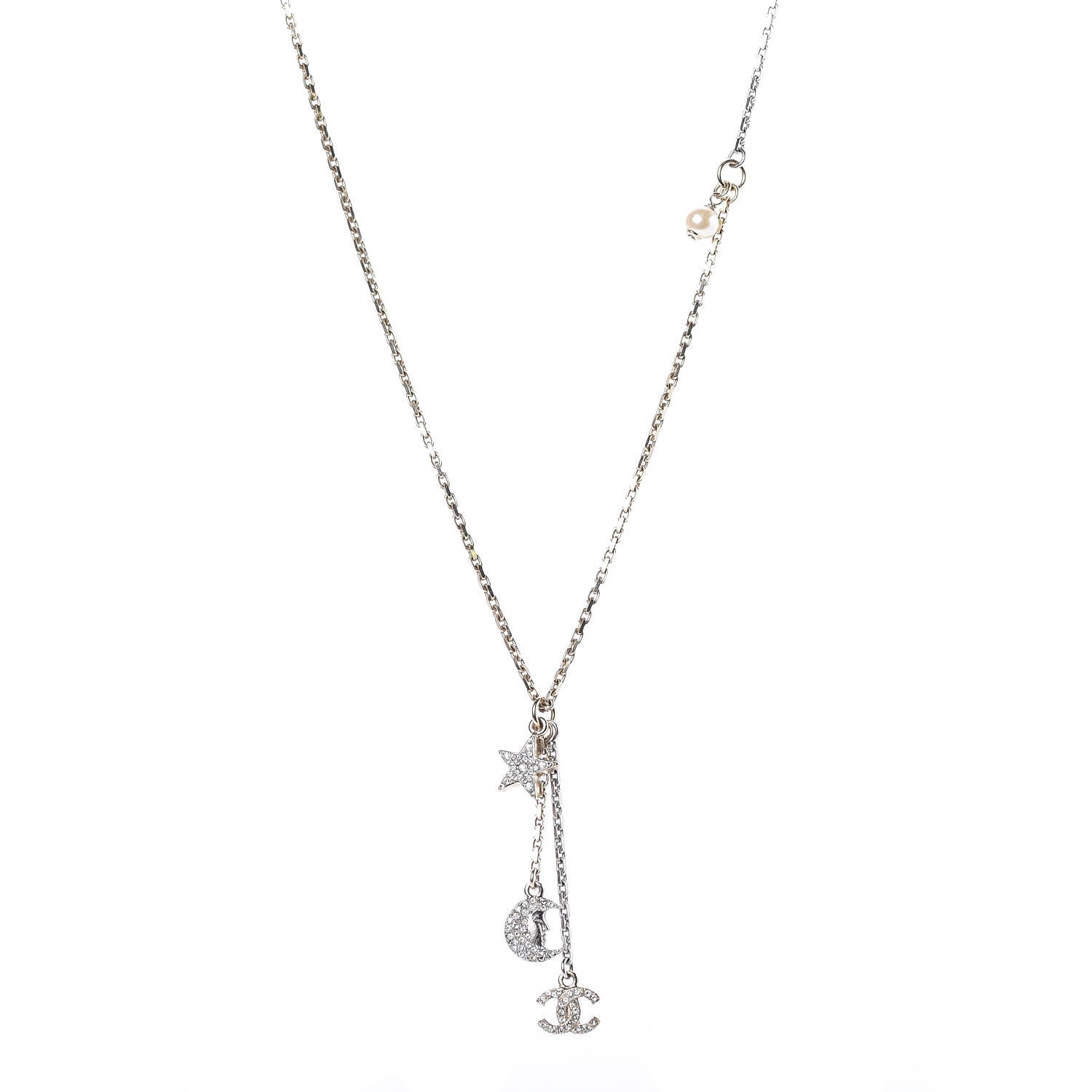 Chanel Crystal Pearl CC Moon Star Drop Necklace Gold 1 of 5
