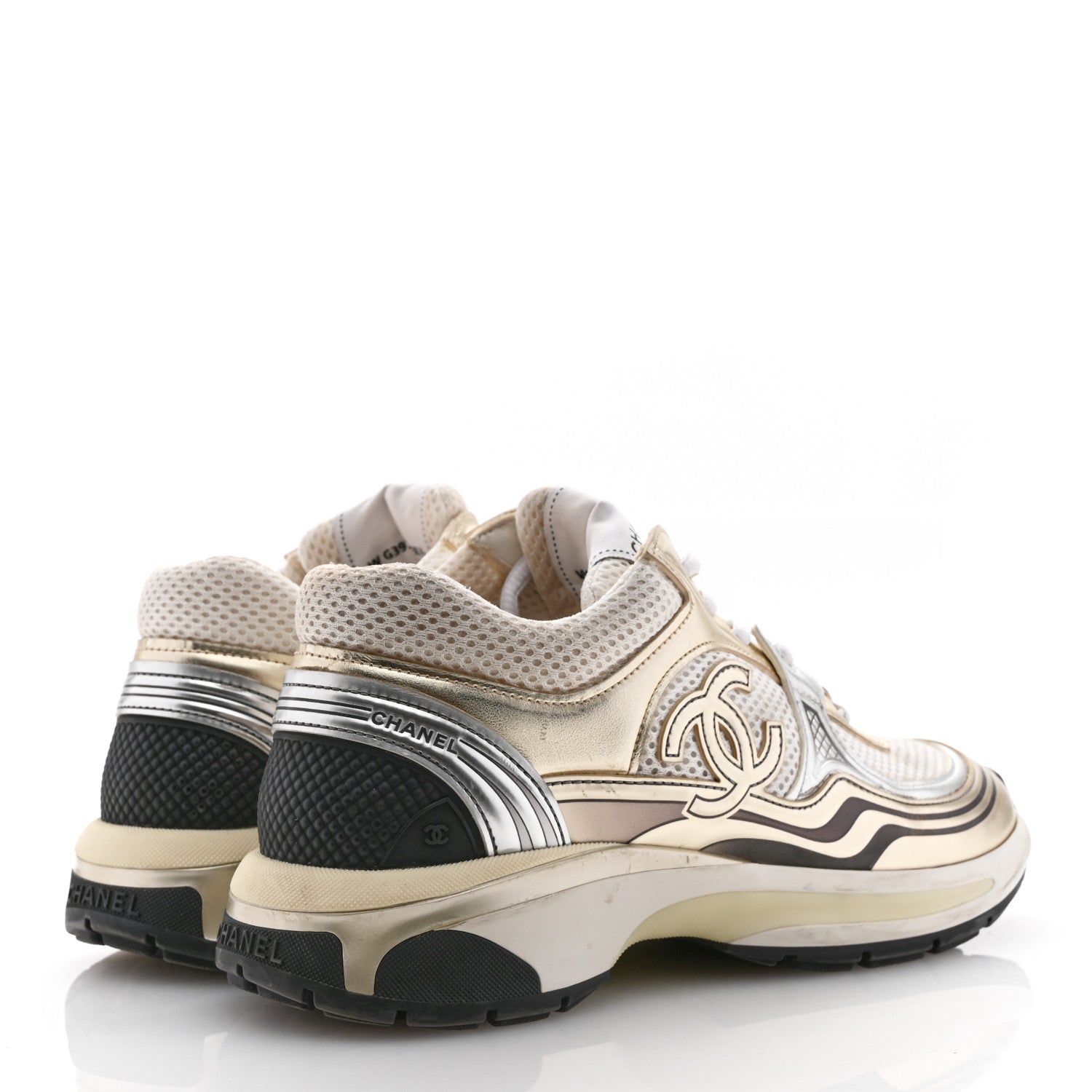 Chanel Fabric Laminated Calfskin Stretch CC Womens Sneakers 38.5 White Gold 5 of 13