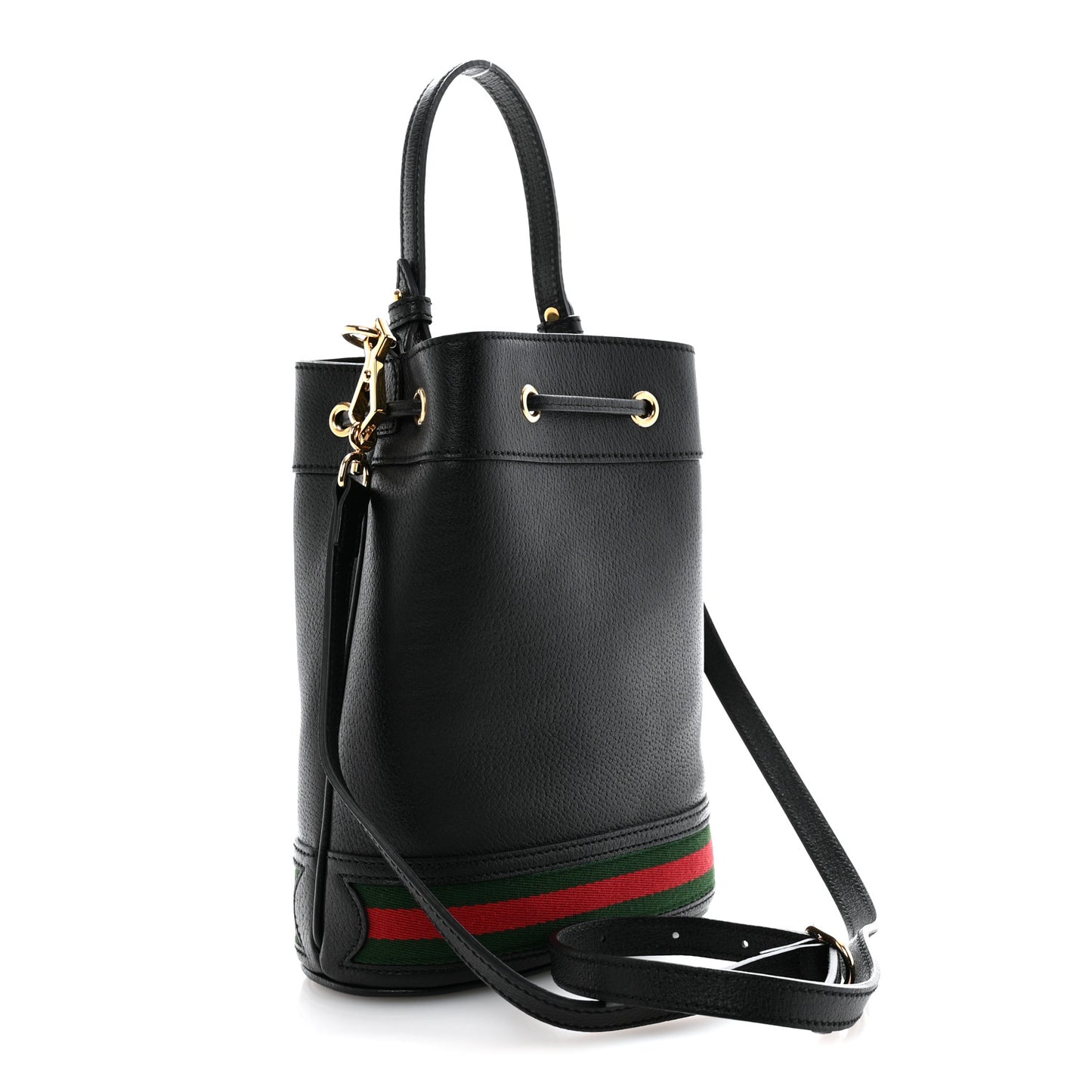 Glazed Textured Calfskin Web Small Ophidia Bucket Bag Black