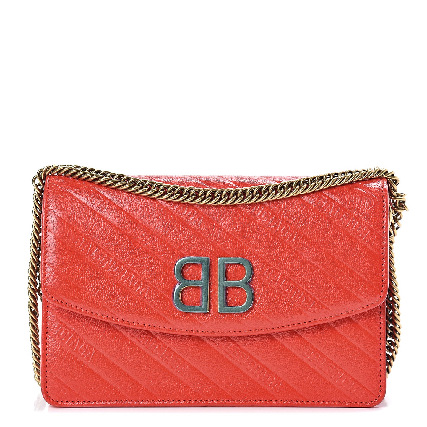 Shiny Goatskin Logo Embossed BB Wallet On Chain Vivid Red
