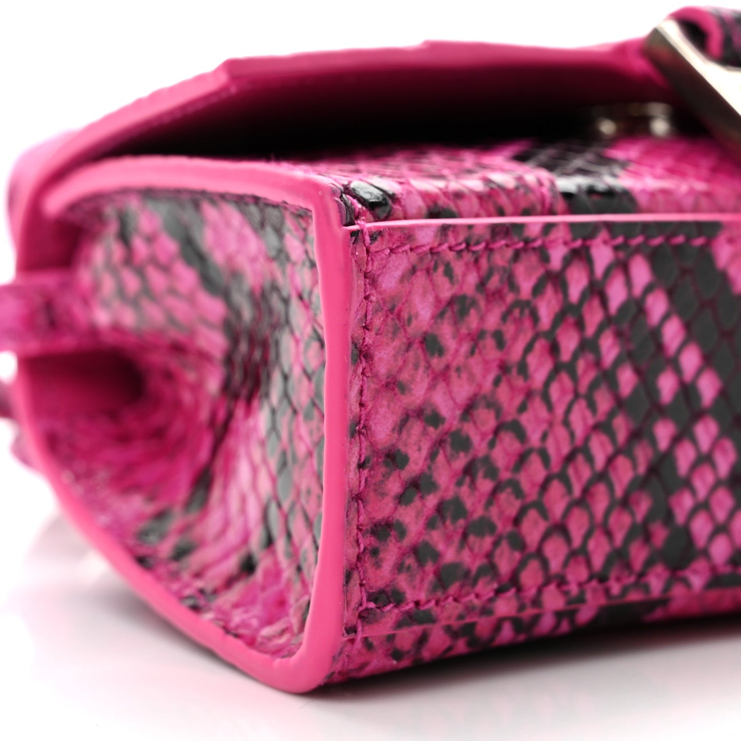 Shiny Calfskin Python Effect Hourglass Top Handle Bag Mini Fuchsia Black