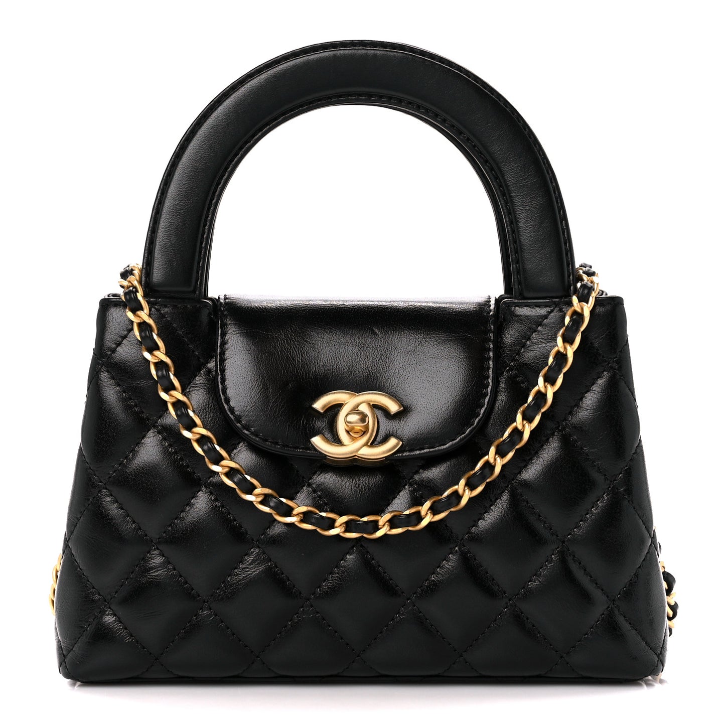 Shiny Aged Calfskin Quilted Nano Kelly Shopper Black