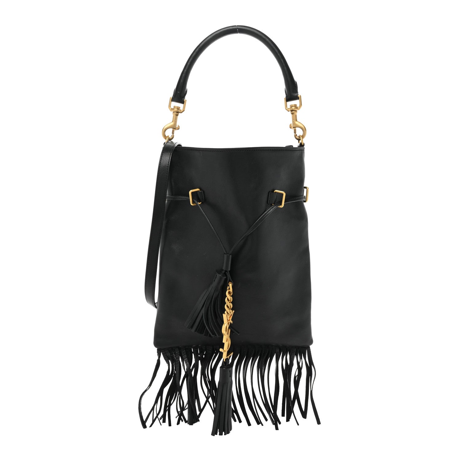 Saint Laurent Calfskin Fringe Small Monogram Bucket Bag Black 1 of 11