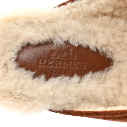 Hermes Suede Goatskin Woolskin Flore 60 Mules 39.5 Brun Amourette Ecru 7 of 10