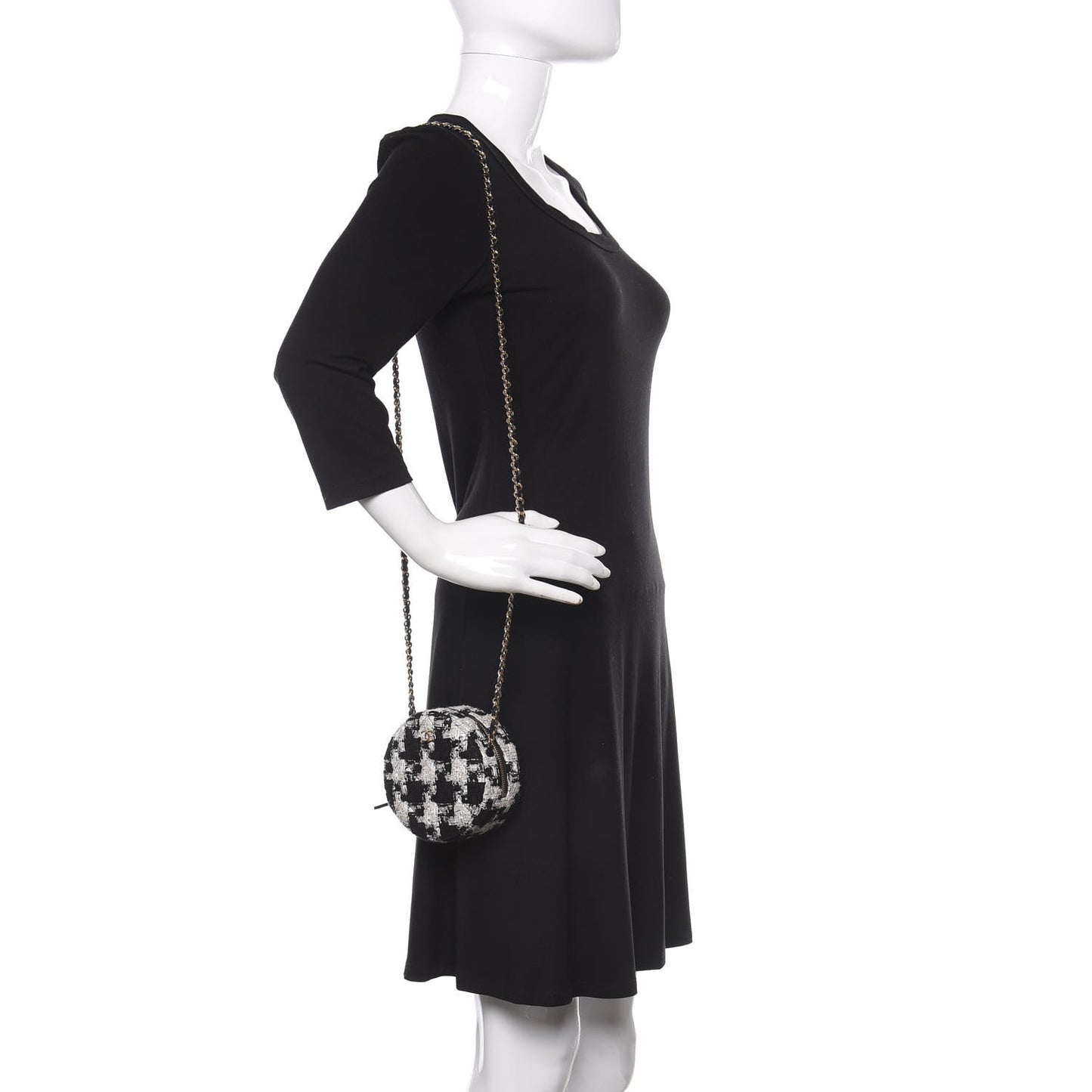 Tweed Round Clutch With Chain Black White