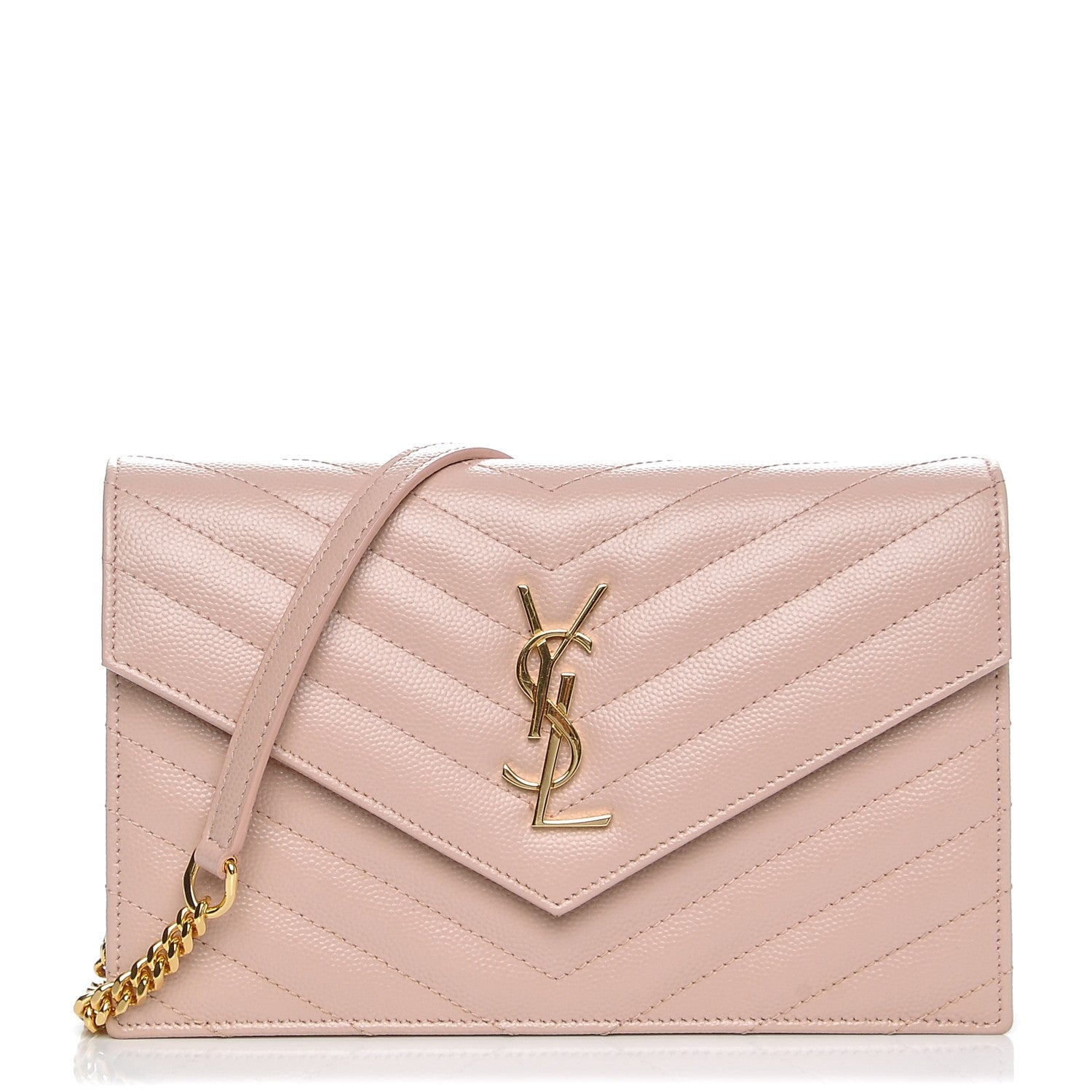 Saint Laurent Grain De Poudre Matelasse Chevron Monogram Envelope Chain Wallet Pale Pink 1 of 7