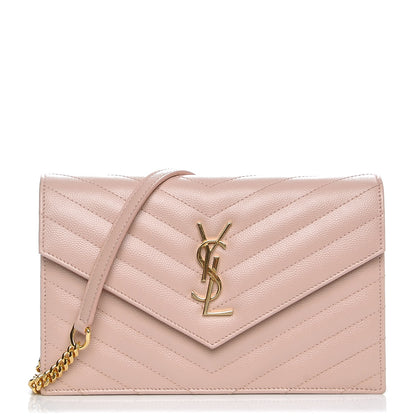 Saint Laurent Grain De Poudre Matelasse Chevron Monogram Envelope Chain Wallet Pale Pink 1 of 7