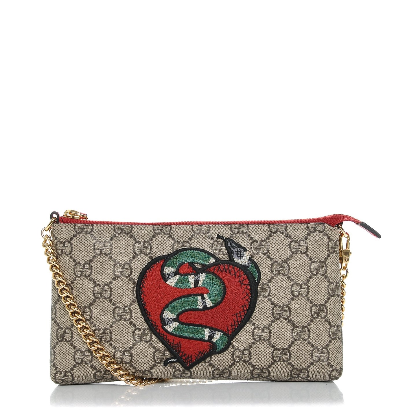 GG Supreme Monogram Kingsnake Heart Embroidered Chain Wrist Wallet Red