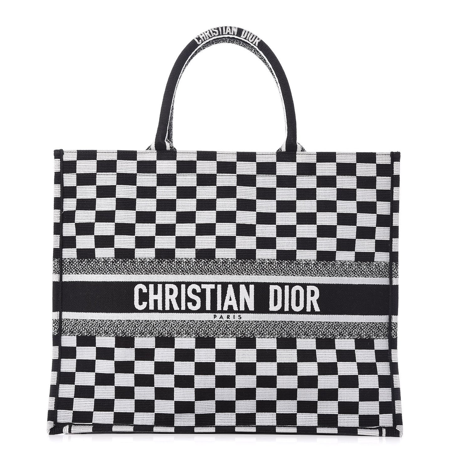 Canvas Embroidered Checkered Book Tote Black White